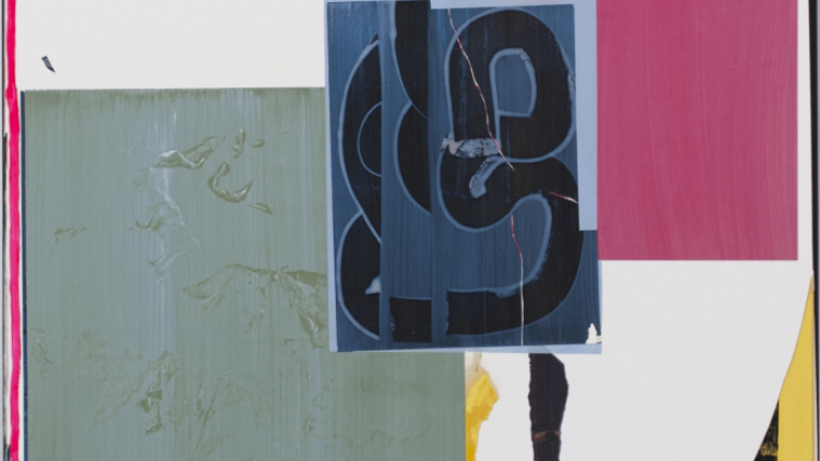 Anke Voelk, o.T., 2019, Flashe, Acryl, Pigment, Digitaldruck, Papier auf Leinwand, 170x130 cm
